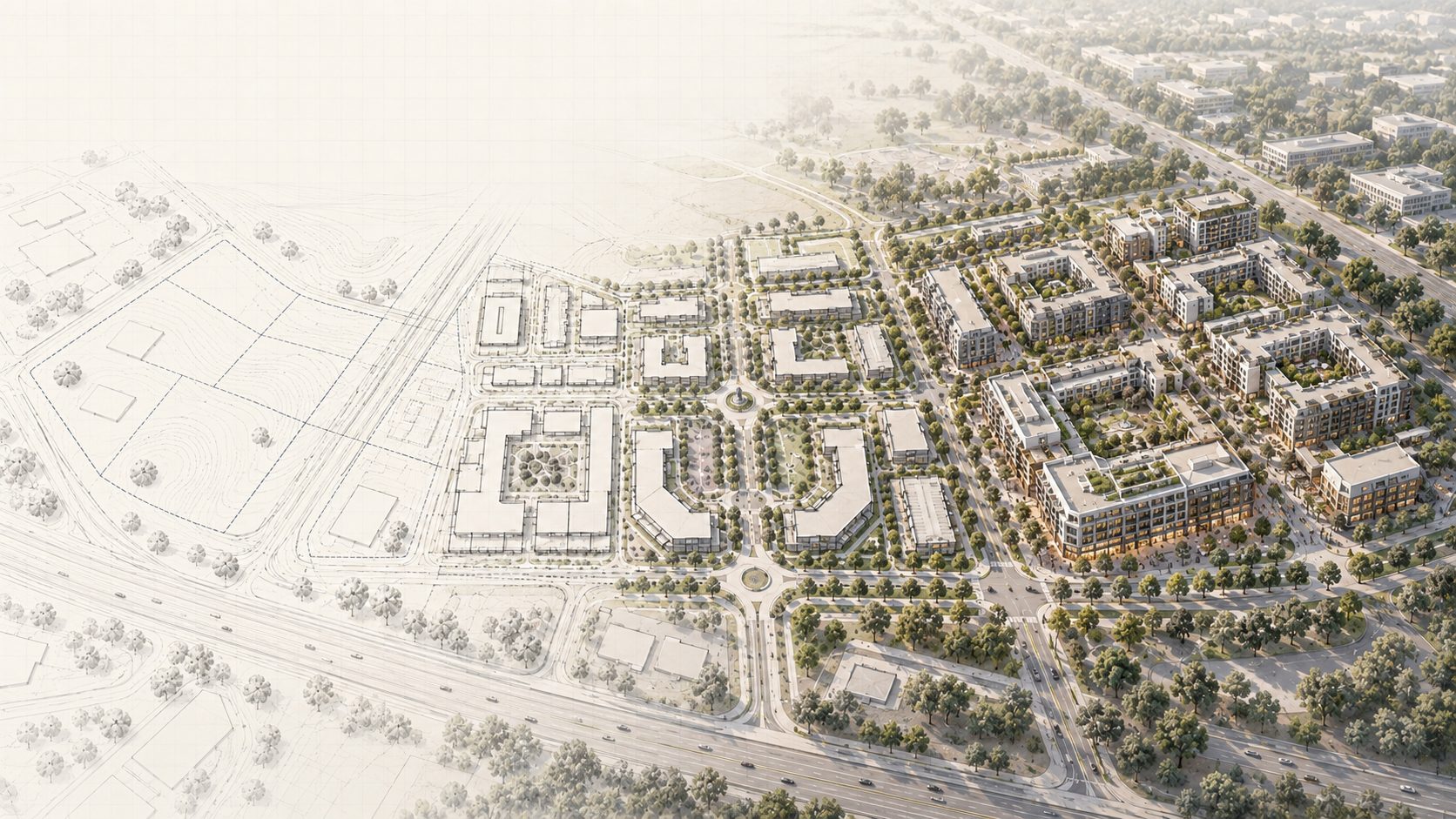 Aerial view of a master-planned residential district, drawn as a site plan on the left and rendered as built on the right